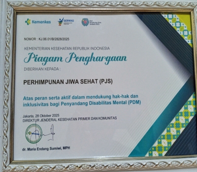 Perhimpunan Jiwa Sehat menerima penghargaan dariDirektorat Jenderal Kesehatan Primer dan Komunitas, Kementerian Kesehatan